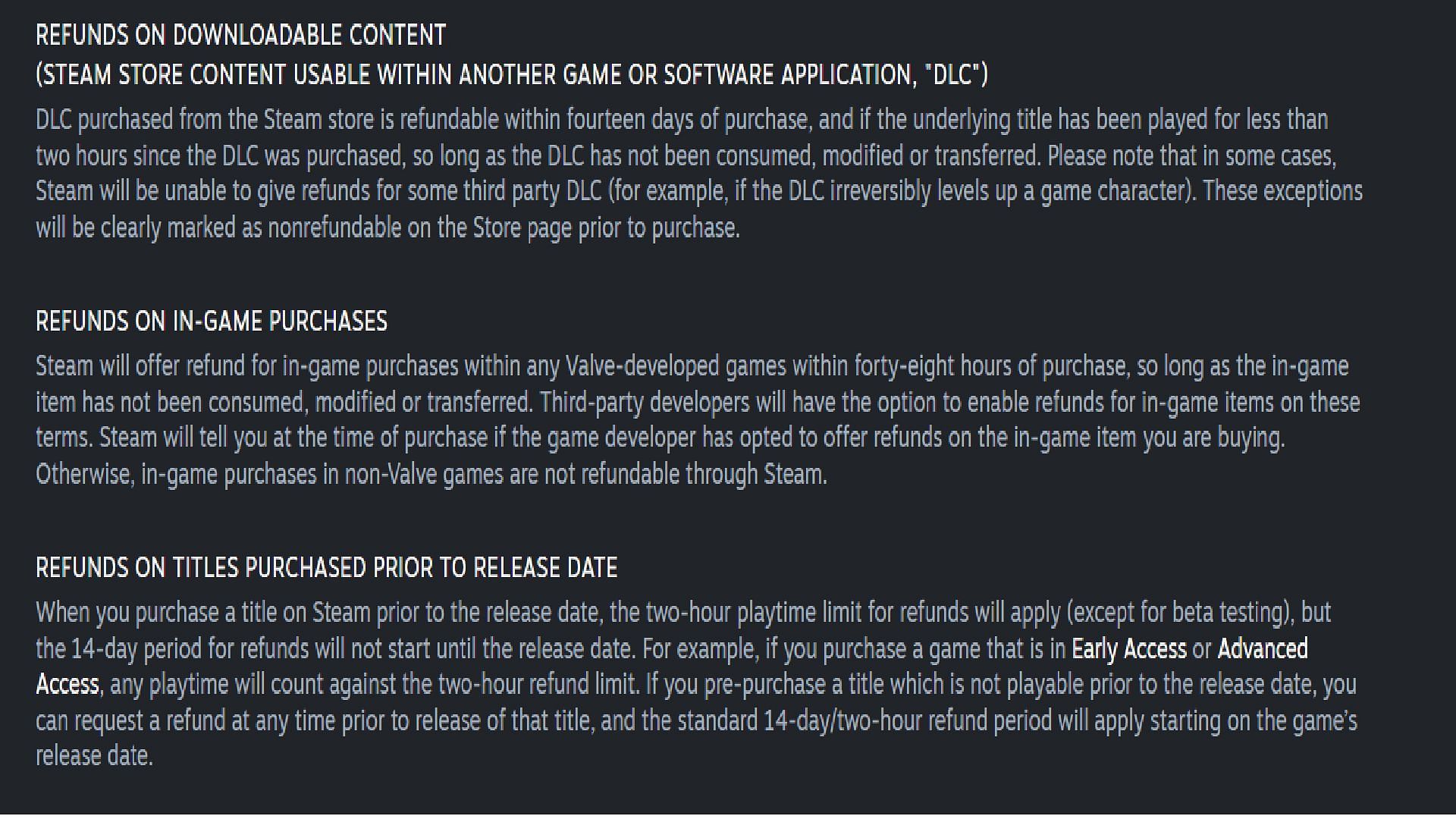 You must fulfil these criteria depending on the type of your return request (Image via Steam)
